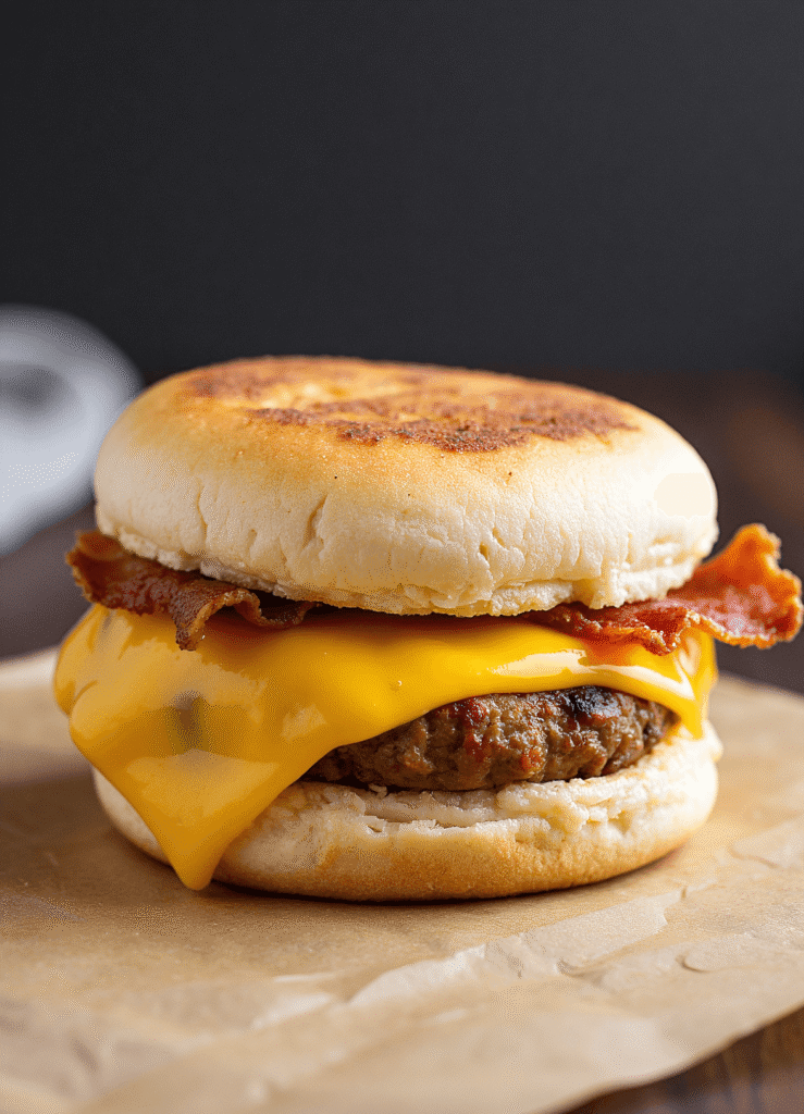 Bacon and cheddar breakfast sandwich with melted cheese on a toasted English muffin.