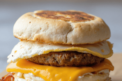 Stacked egg, sausage, and cheese breakfast sandwich with crispy bacon on an English muffin.
