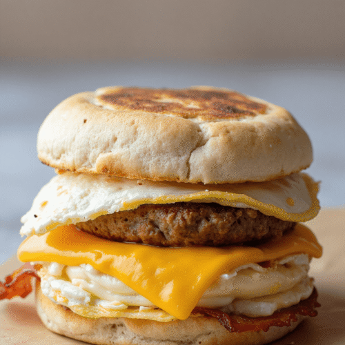 Stacked egg, sausage, and cheese breakfast sandwich with crispy bacon on an English muffin.