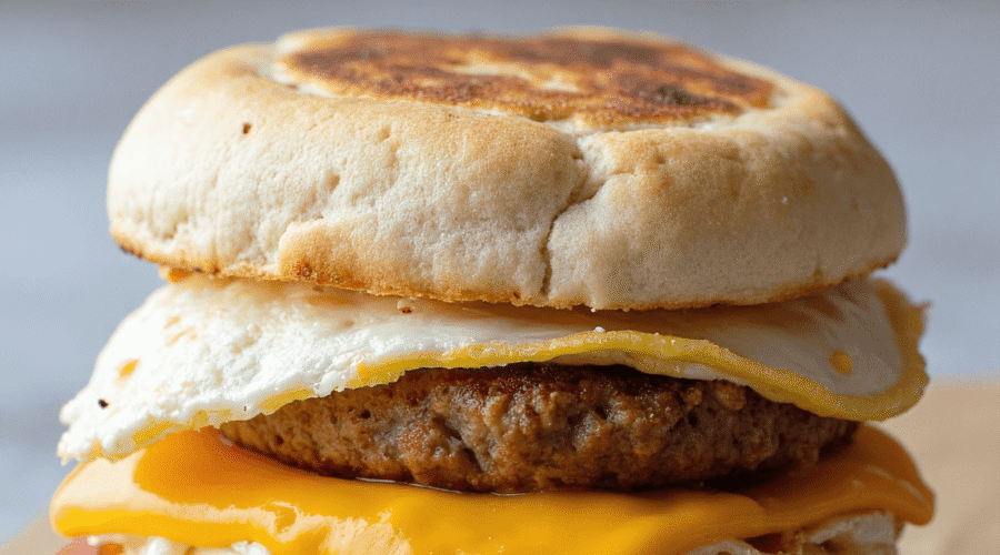 Stacked egg, sausage, and cheese breakfast sandwich with crispy bacon on an English muffin.