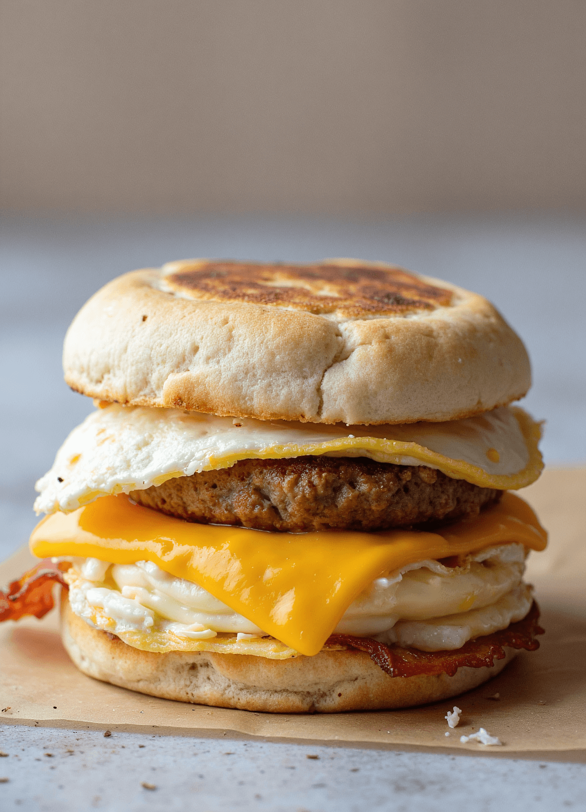 Stacked egg, sausage, and cheese breakfast sandwich with crispy bacon on an English muffin.