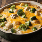 A full baking dish of chicken potato broccoli casserole topped with melted cheese, broccoli florets, and baby potatoes.
