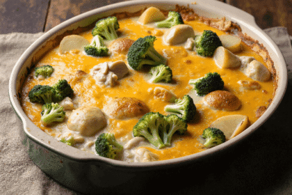A full baking dish of chicken potato broccoli casserole topped with melted cheese, broccoli florets, and baby potatoes.