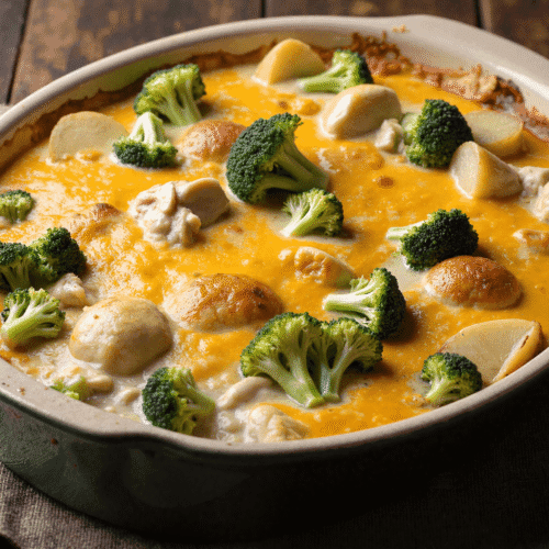 A full baking dish of chicken potato broccoli casserole topped with melted cheese, broccoli florets, and baby potatoes.