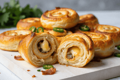 Close-up of sliced jalapeño popper pinwheels showing melted cheese and diced jalapeños in a flaky baked dough with crispy edges and sliced peppers.