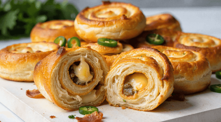 Close-up of sliced jalapeño popper pinwheels showing melted cheese and diced jalapeños in a flaky baked dough with crispy edges and sliced peppers.