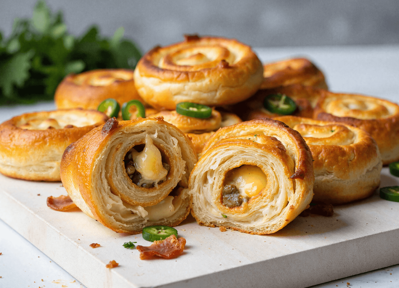 Close-up of sliced jalapeño popper pinwheels showing melted cheese and diced jalapeños in a flaky baked dough with crispy edges and sliced peppers.