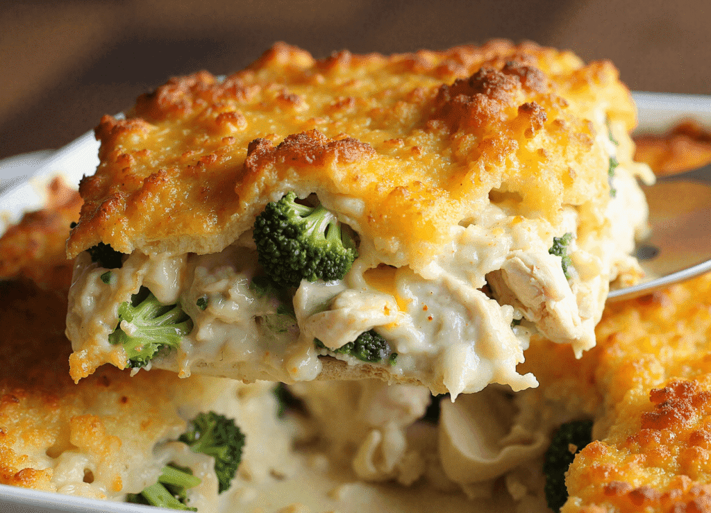 A close-up of a cheesy chicken potato broccoli casserole slice being lifted from the baking dish, showing melted cheese, tender chicken, and vibrant green broccoli.