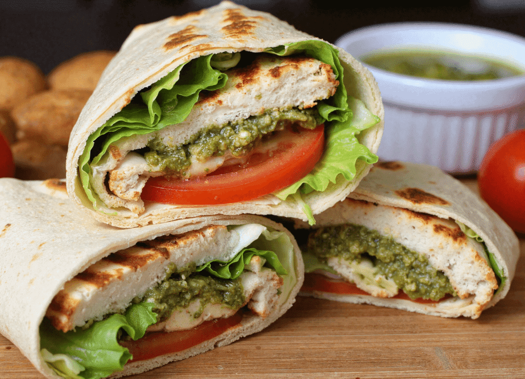 Close-up of grilled chicken pesto wraps with tomato, lettuce, and melted mozzarella, served on a wooden surface with pesto in background.