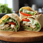 Grilled chicken pesto wrap with fresh lettuce, tomato, and creamy sauce on a tortilla, sliced and stacked on a wooden board.