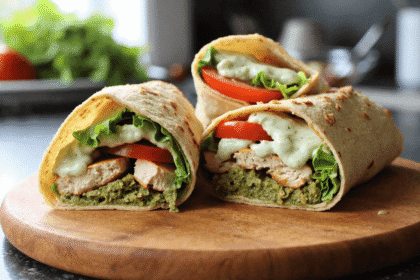 Grilled chicken pesto wrap with fresh lettuce, tomato, and creamy sauce on a tortilla, sliced and stacked on a wooden board.