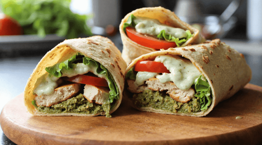 Grilled chicken pesto wrap with fresh lettuce, tomato, and creamy sauce on a tortilla, sliced and stacked on a wooden board.