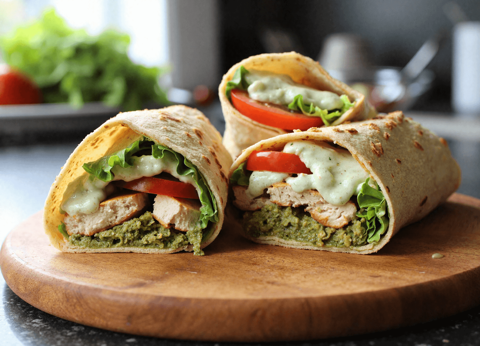 Grilled chicken pesto wrap with fresh lettuce, tomato, and creamy sauce on a tortilla, sliced and stacked on a wooden board.