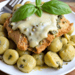 creamy chicken and gnocchi casserole with pesto sauce, melted cheese, and golden gnocchi, garnished with fresh basil leaves in a white bowl