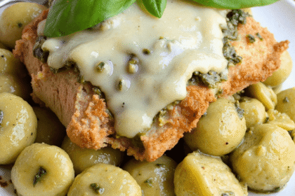 creamy chicken and gnocchi casserole with pesto sauce, melted cheese, and golden gnocchi, garnished with fresh basil leaves in a white bowl