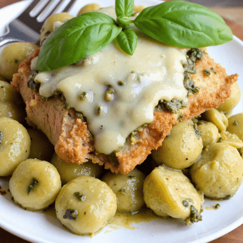 creamy chicken and gnocchi casserole with pesto sauce, melted cheese, and golden gnocchi, garnished with fresh basil leaves in a white bowl