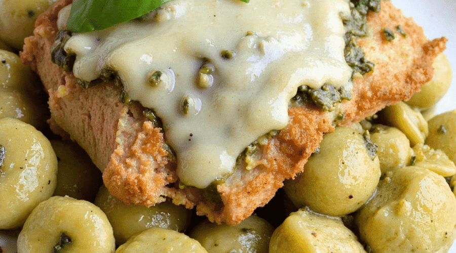 creamy chicken and gnocchi casserole with pesto sauce, melted cheese, and golden gnocchi, garnished with fresh basil leaves in a white bowl