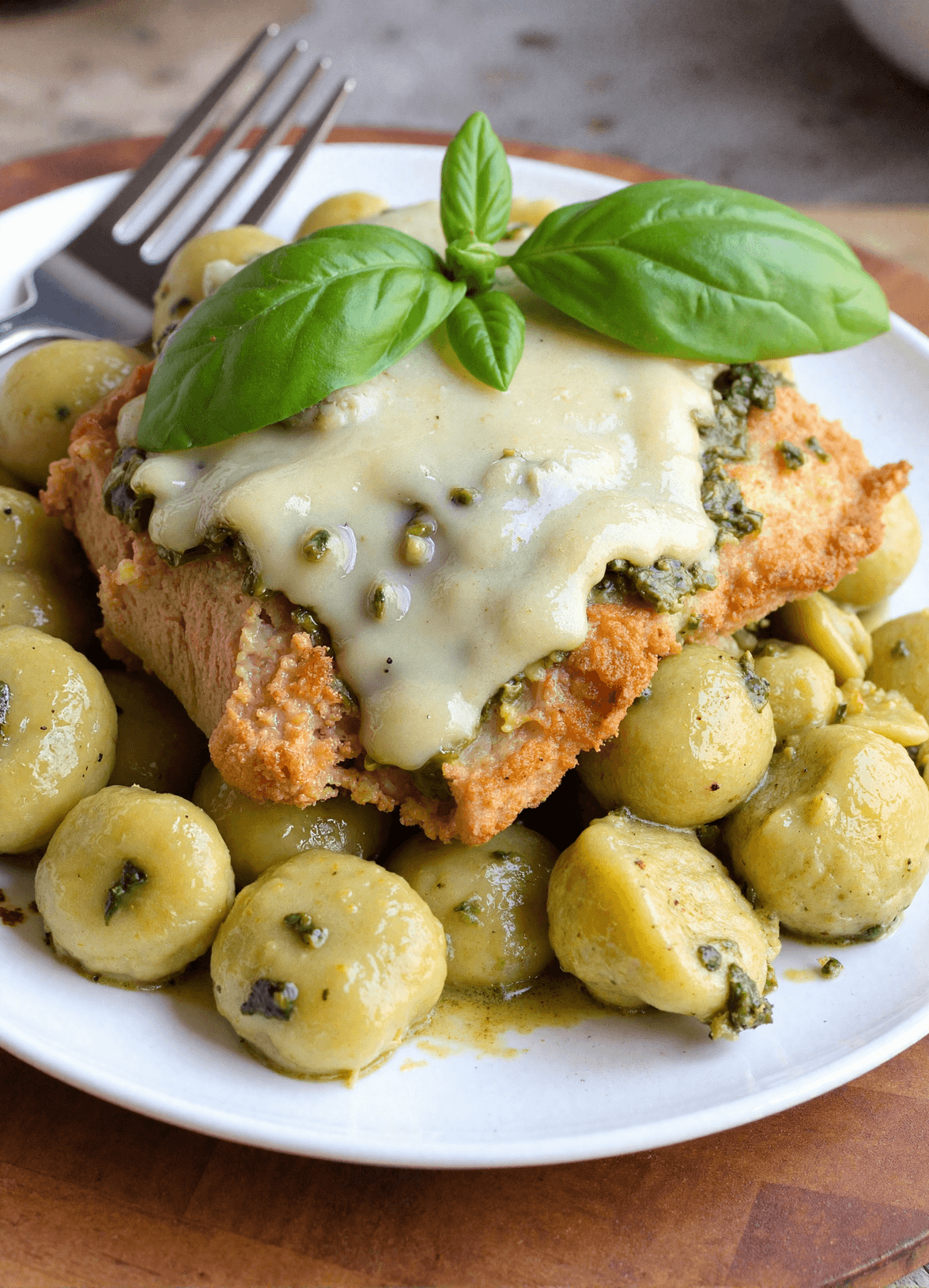 creamy chicken and gnocchi casserole with pesto sauce, melted cheese, and golden gnocchi, garnished with fresh basil leaves in a white bowl