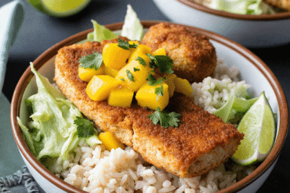 crispy fish taco bowls with mango salsa served on cilantro lime rice with avocado, cabbage, and lime wedges