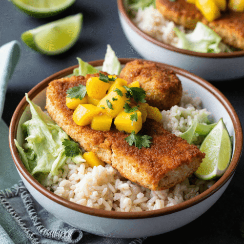 crispy fish taco bowls with mango salsa served on cilantro lime rice with avocado, cabbage, and lime wedges