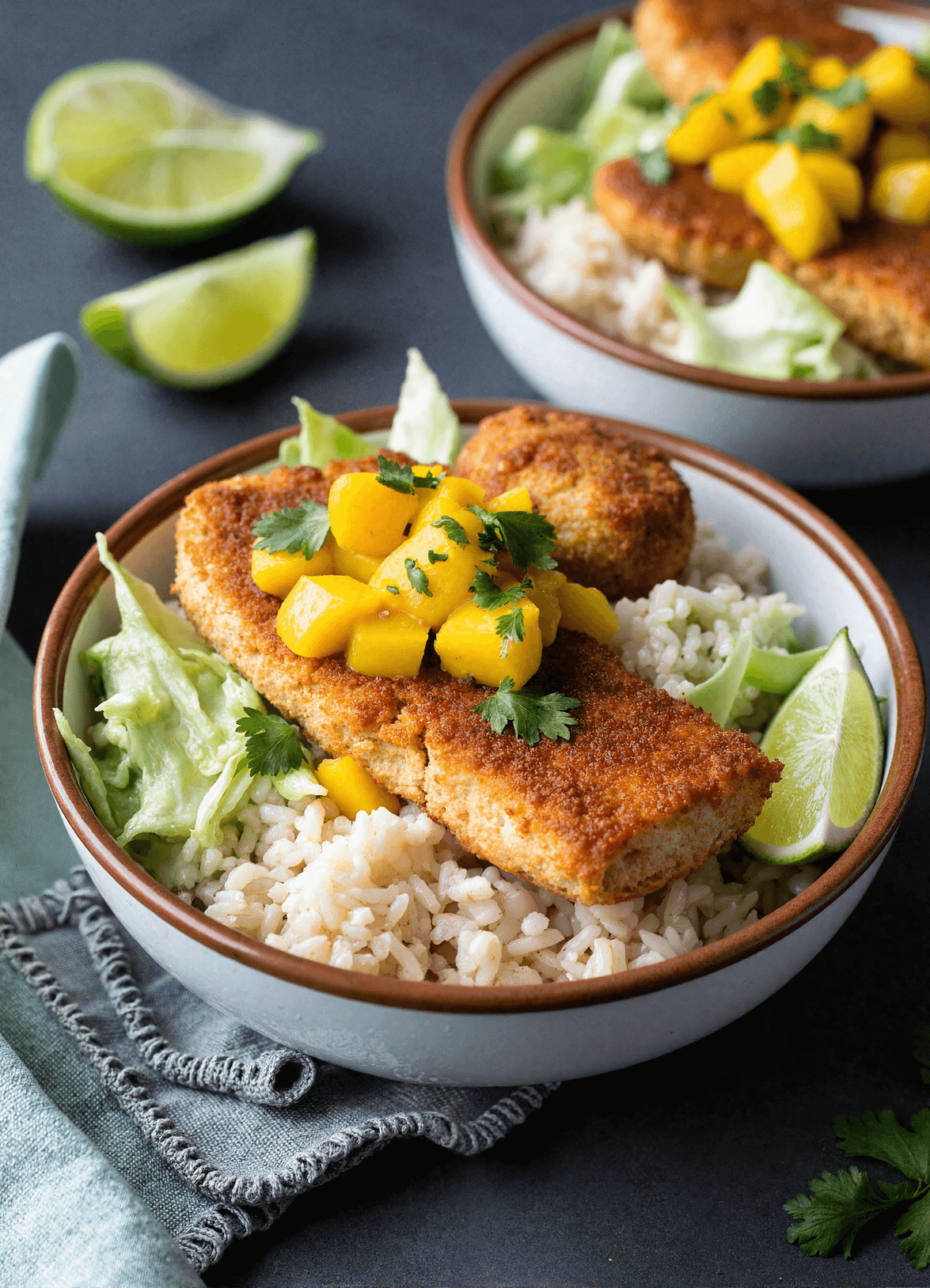 crispy fish taco bowls with mango salsa served on cilantro lime rice with avocado, cabbage, and lime wedges