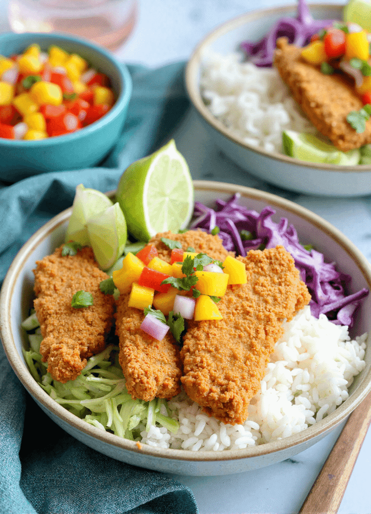 crispy fish taco bowls with mango salsa, cabbage slaw, jasmine rice, and lime wedges in a bowl