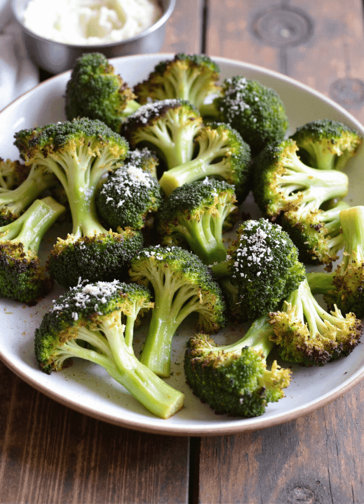 Crispy garlic parmesan roasted broccoli florets served on a white plate, sprinkled with shredded parmesan and lightly charred edges.