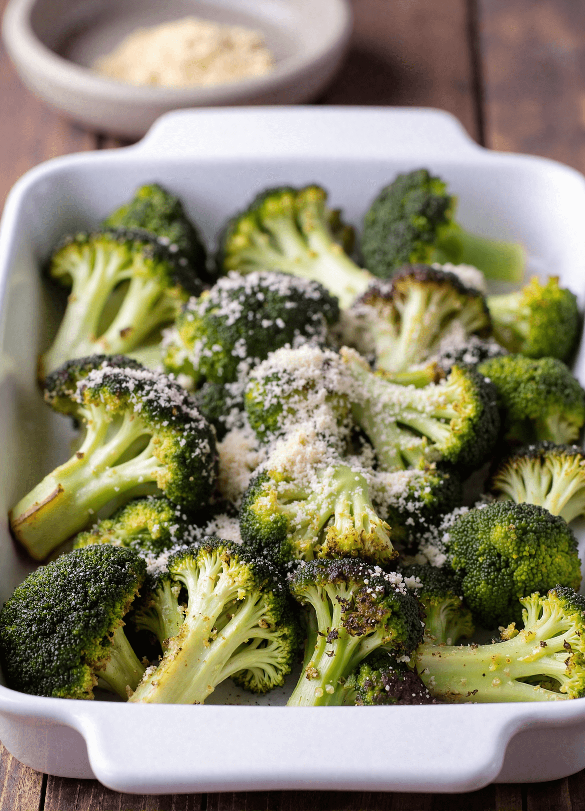 Roasted broccoli with parmesan cheese in a white ceramic baking dish on a rustic wooden table