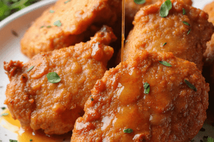 Sweet and spicy hot honey being drizzled over crispy hot honey chicken cutlets on a serving plate garnished with fresh herbs.