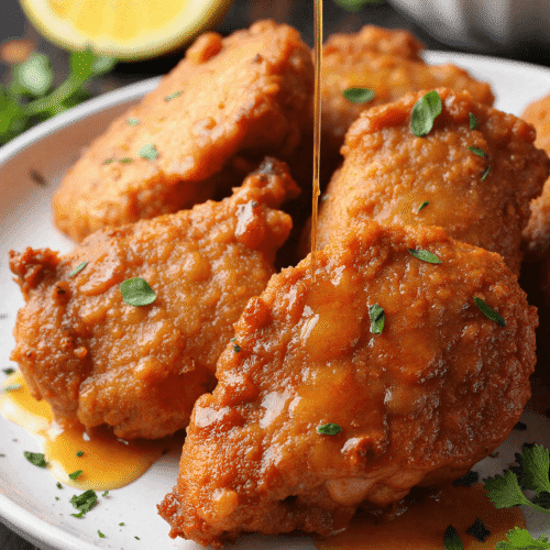 Sweet and spicy hot honey being drizzled over crispy hot honey chicken cutlets on a serving plate garnished with fresh herbs.