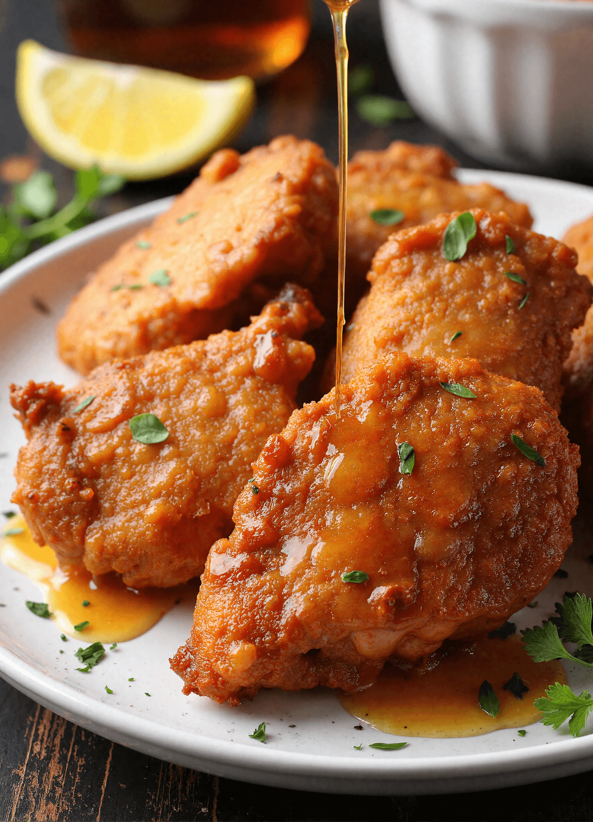 Sweet and spicy hot honey being drizzled over crispy hot honey chicken cutlets on a serving plate garnished with fresh herbs.