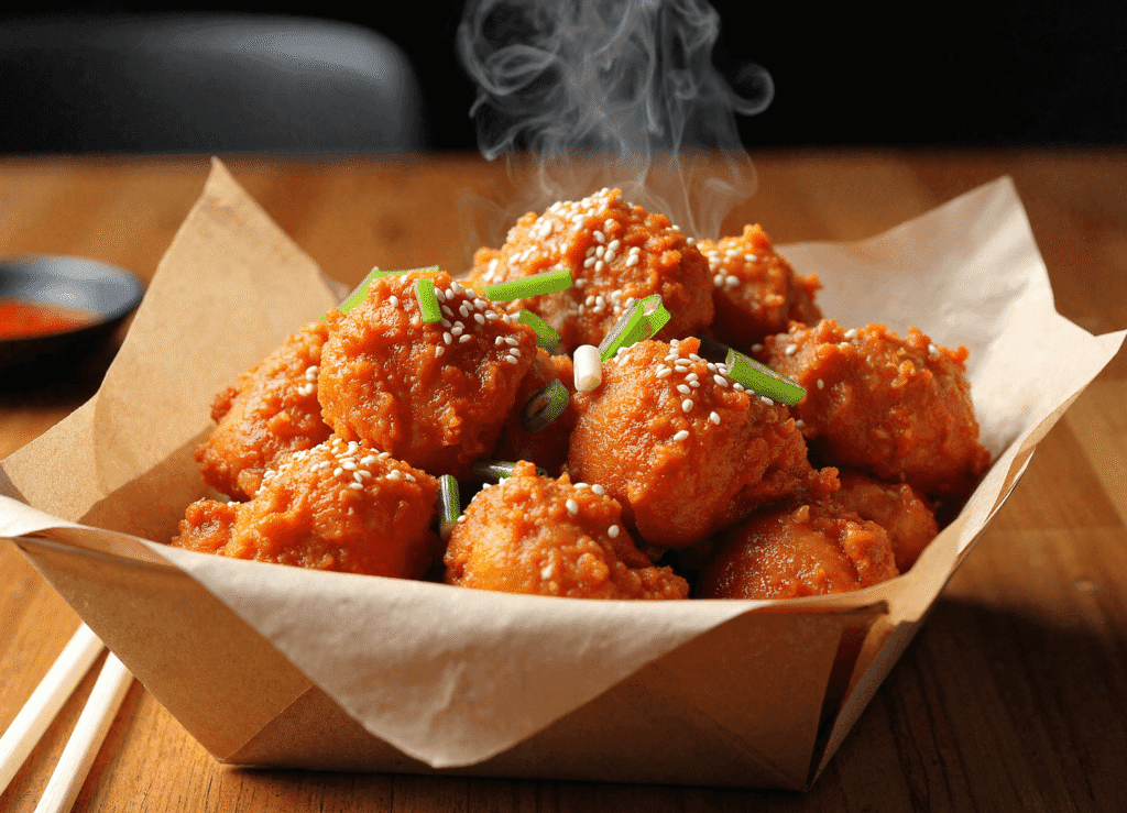 Hot and crispy Korean popcorn chicken served in a paper-lined basket, topped with sesame seeds and green onions, with steam rising off each golden bite.