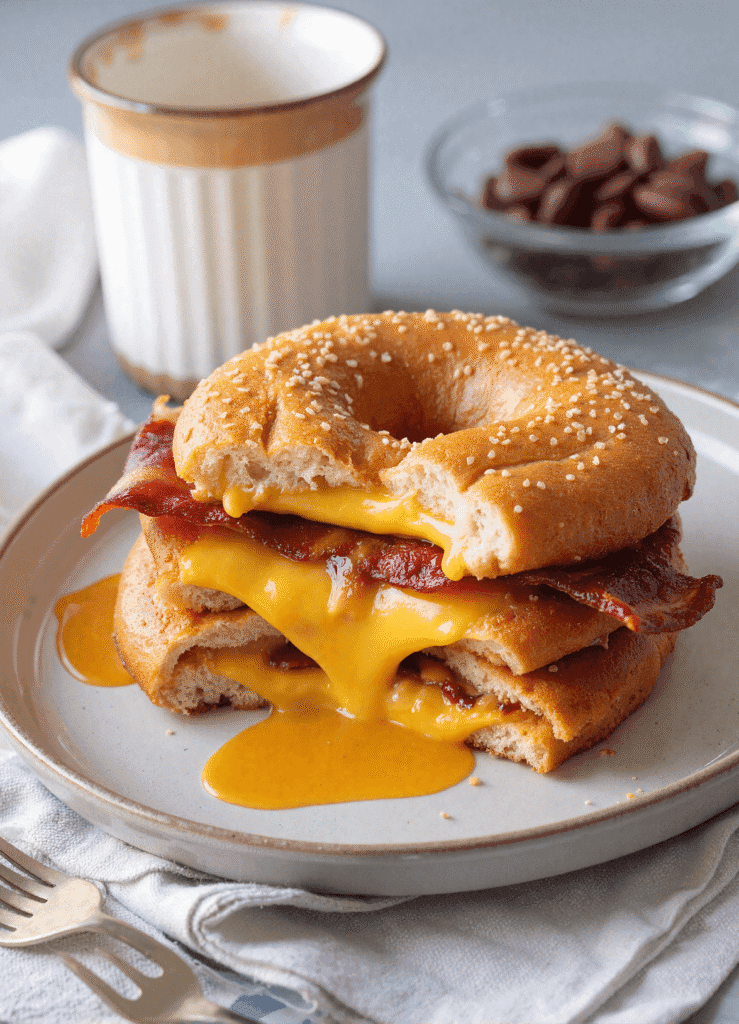 Glazed donut grilled cheese sandwich with crispy bacon and cheddar oozing onto a plate, served with coffee.