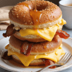 Stacked donut grilled cheese sandwiches with crispy bacon, cheddar slices, and maple syrup dripping from the top.