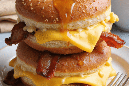 Stacked donut grilled cheese sandwiches with crispy bacon, cheddar slices, and maple syrup dripping from the top.