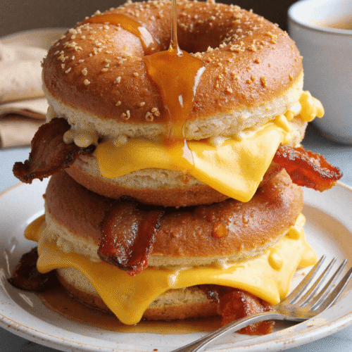 Stacked donut grilled cheese sandwiches with crispy bacon, cheddar slices, and maple syrup dripping from the top.