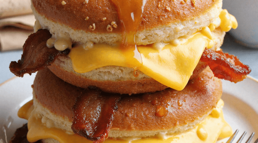 Stacked donut grilled cheese sandwiches with crispy bacon, cheddar slices, and maple syrup dripping from the top.