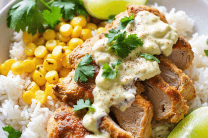 Sliced grilled chicken breast over white rice with roasted corn, elote-style sauce, lime, and cilantro in a bowl on a wood table