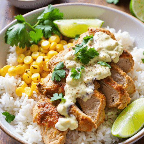 Sliced grilled chicken breast over white rice with roasted corn, elote-style sauce, lime, and cilantro in a bowl on a wood table