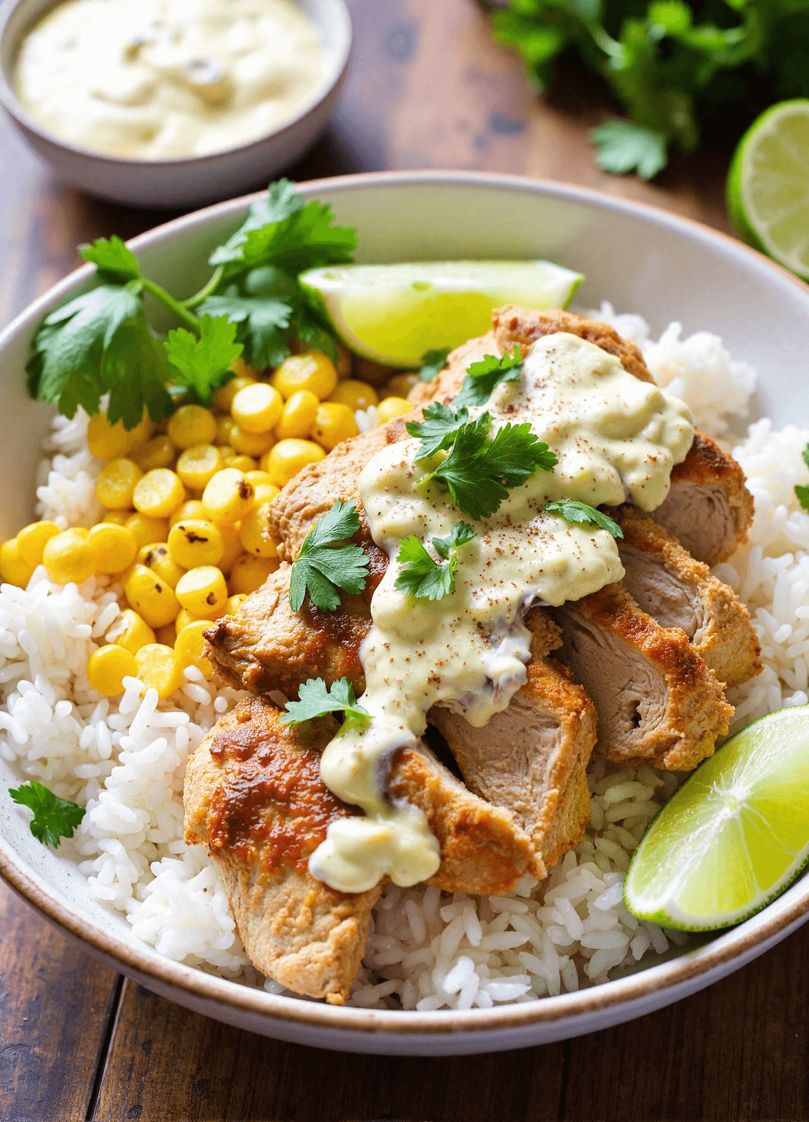 Sliced grilled chicken breast over white rice with roasted corn, elote-style sauce, lime, and cilantro in a bowl on a wood table