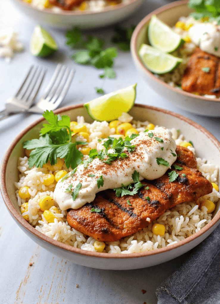 Bowl of easy street corn chicken rice with grilled chicken, creamy elote topping, cilantro, and lime on white rice and corn, photographed on a light background