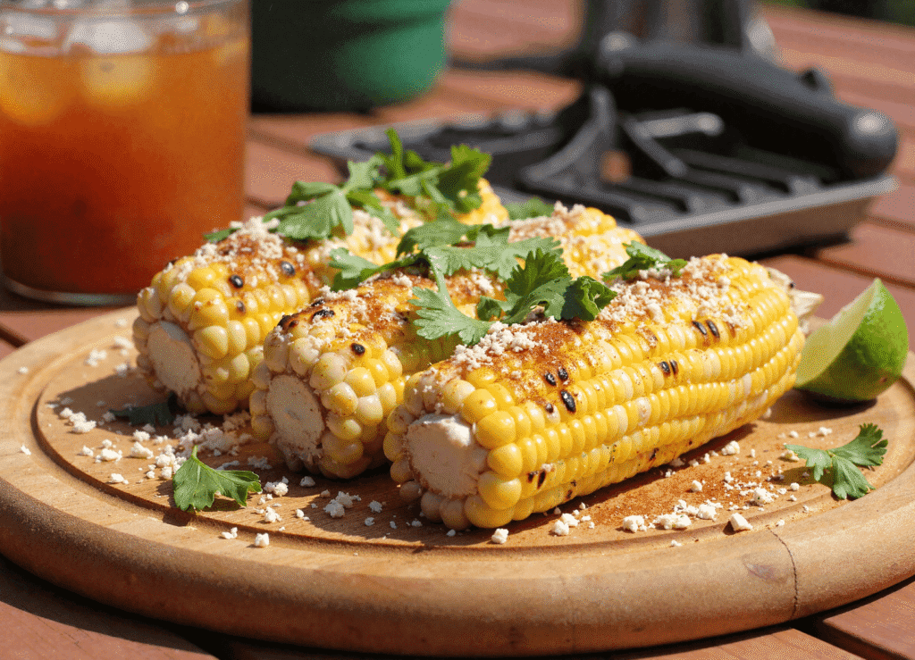Close-up of grilled elote-style corn with crumbled cotija cheese, chili seasoning, and cilantro on a wooden plate with a wedge of lime