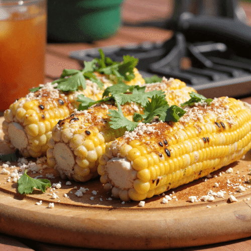 Close-up of grilled elote-style corn with crumbled cotija cheese, chili seasoning, and cilantro on a wooden plate with a wedge of lime