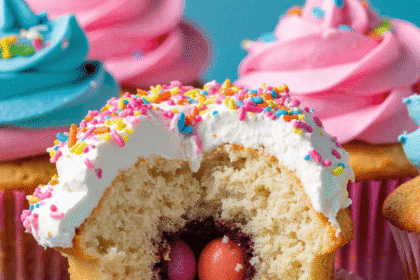 Cupcake with colorful frosting and hidden candy surprise center spilling mini candies