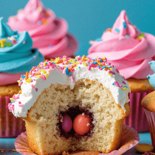 Cupcake with colorful frosting and hidden candy surprise center spilling mini candies