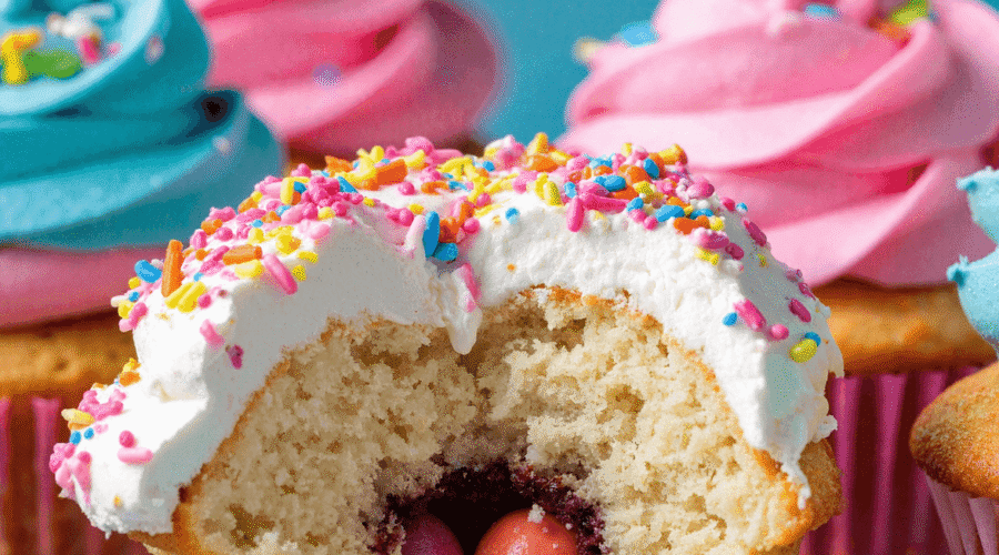 Cupcake with colorful frosting and hidden candy surprise center spilling mini candies