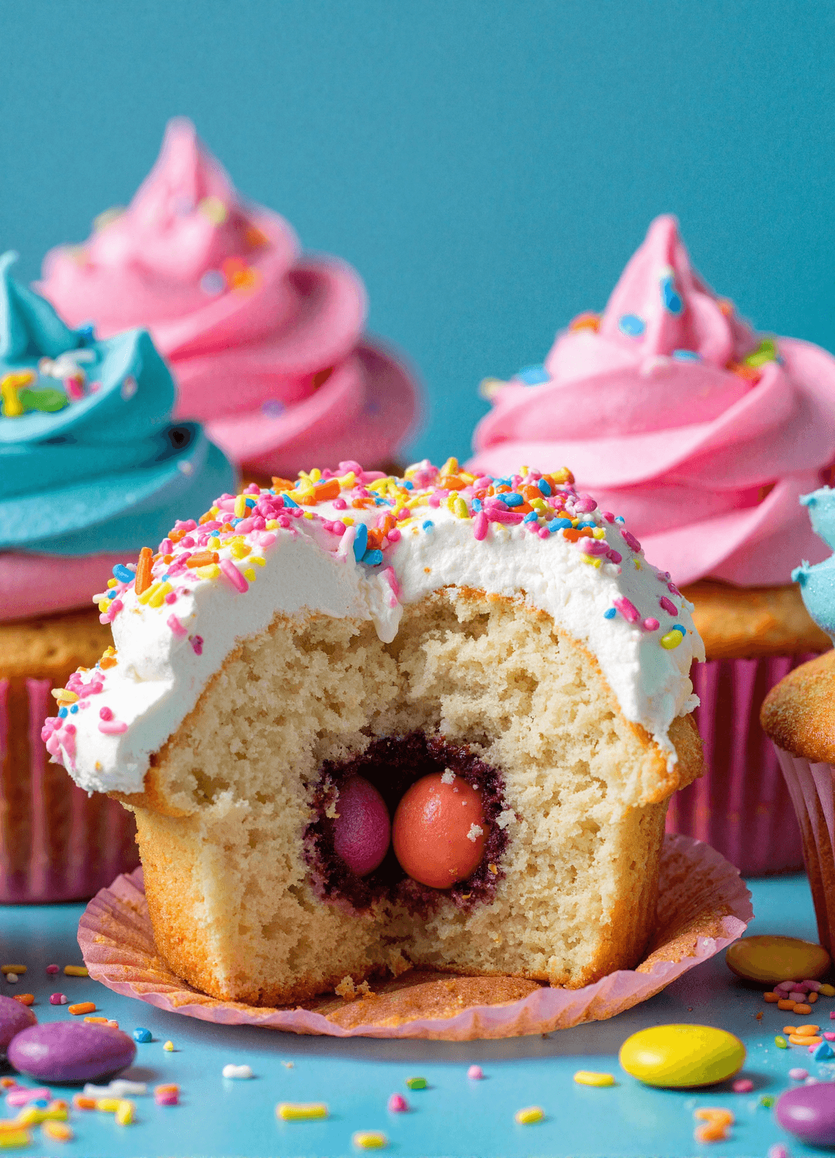Cupcake with colorful frosting and hidden candy surprise center spilling mini candies