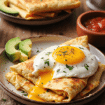 Fried egg quesadilla stuffed with melted cheddar and peppers, topped with a sunny-side-up egg and served with avocado and salsa
