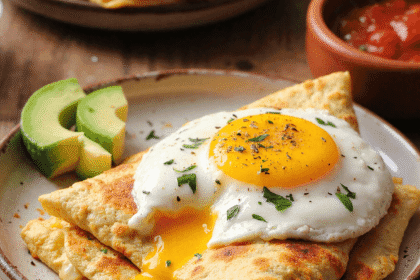 Fried egg quesadilla stuffed with melted cheddar and peppers, topped with a sunny-side-up egg and served with avocado and salsa