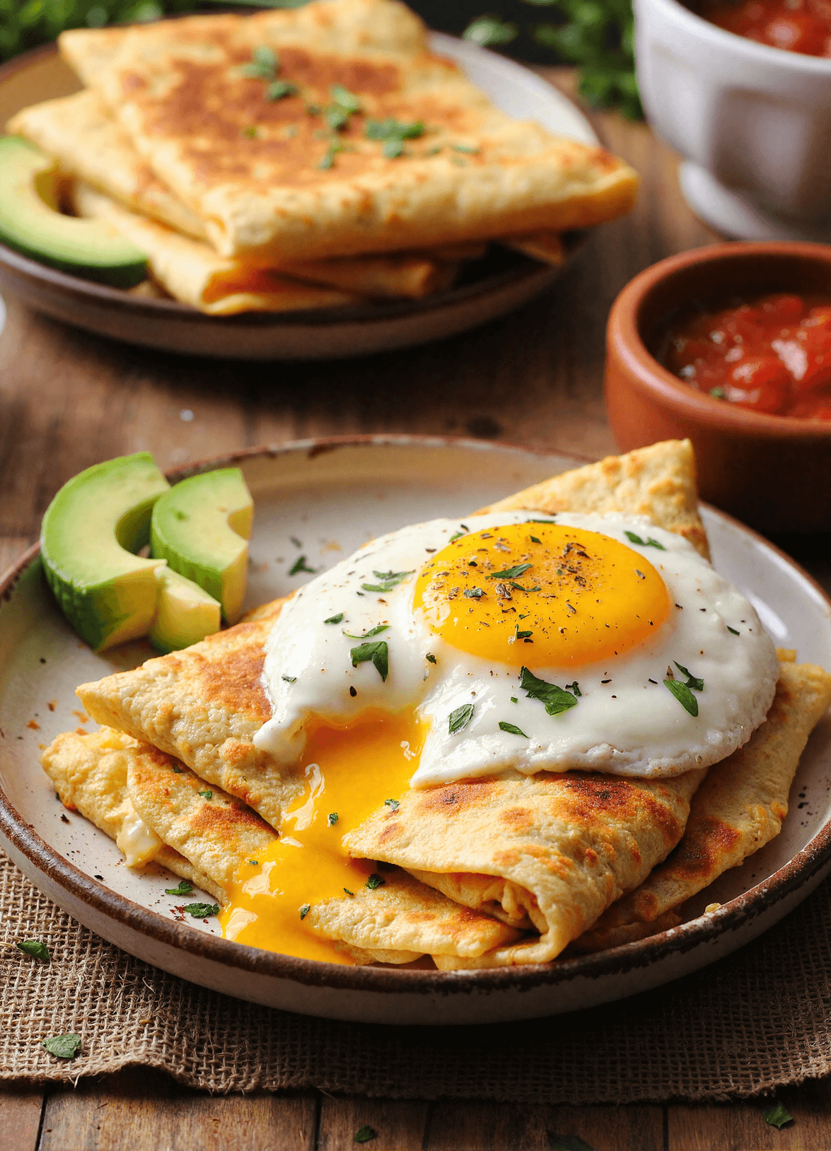 Fried egg quesadilla stuffed with melted cheddar and peppers, topped with a sunny-side-up egg and served with avocado and salsa